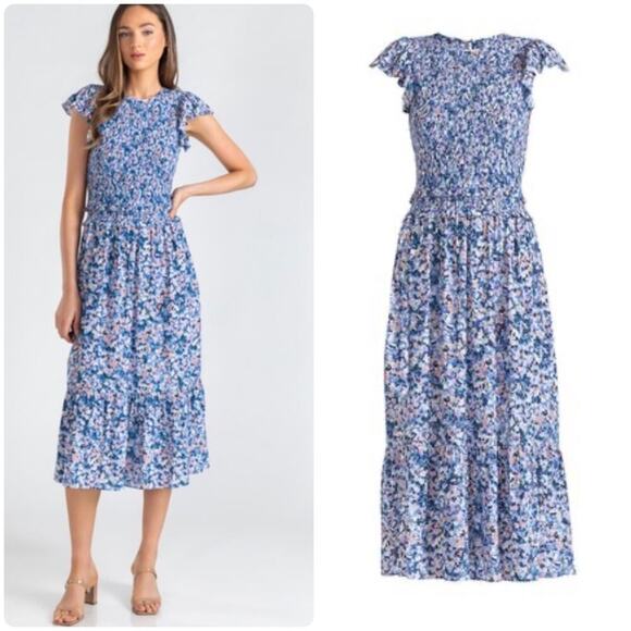 Shoshanna Dresses & Skirts - Shoshanna Wo Parker Smocked Dress in Periwinkle Blue Multi MIDI MSRP $418
